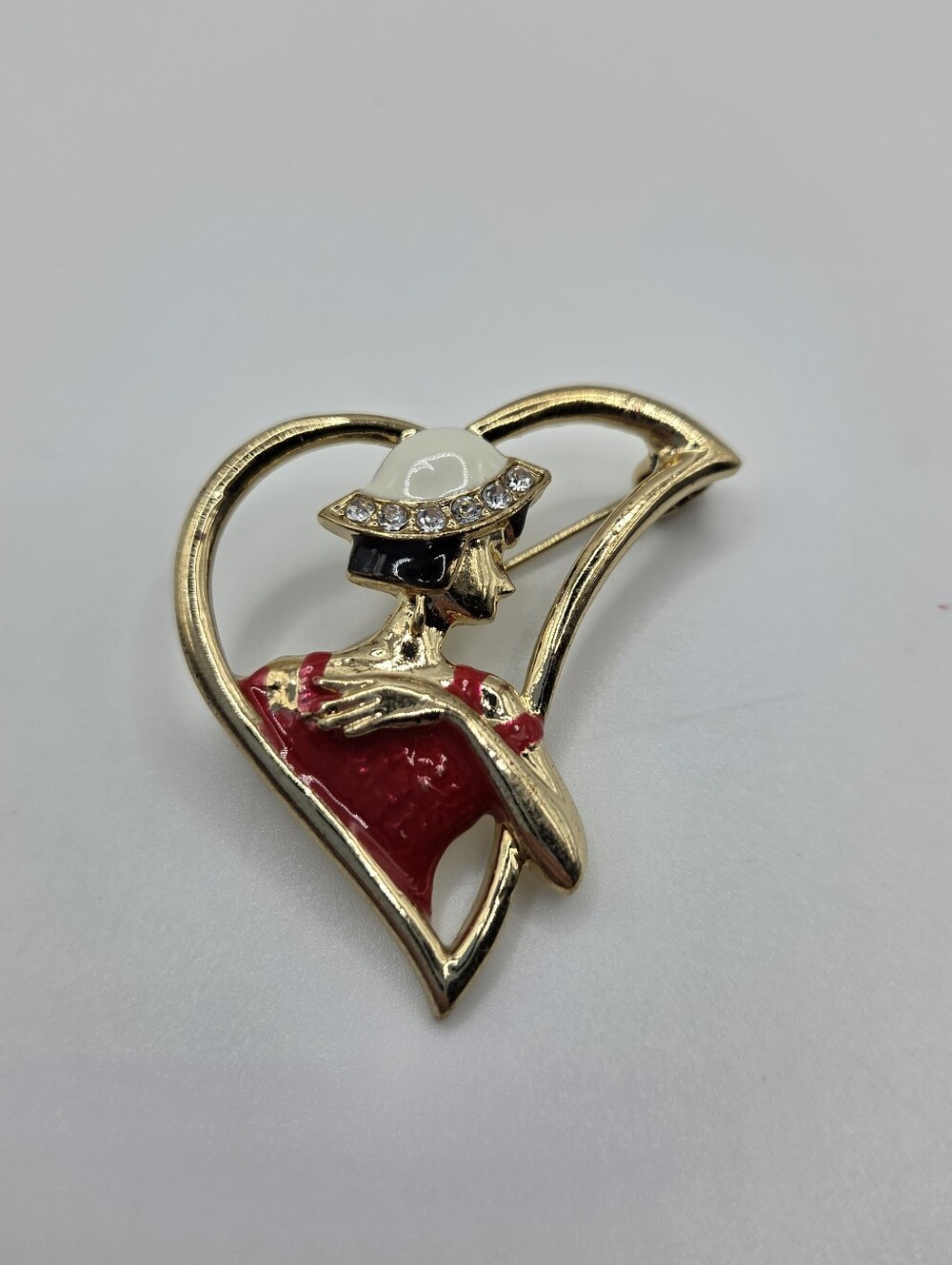 Gold Heart Lady Silhouette Brooch Red Top Rhinestone Hat Statement Pin